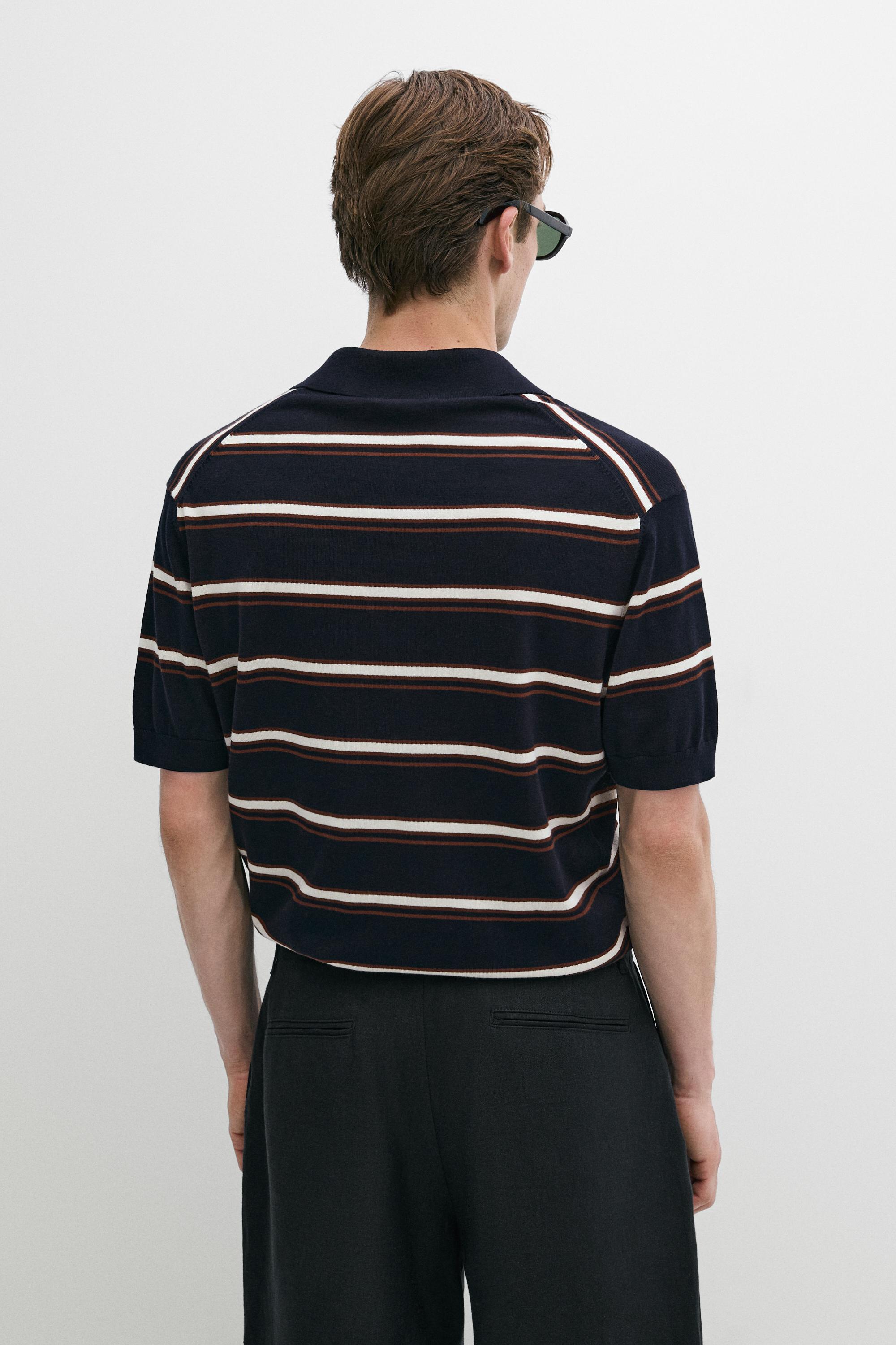 Striped V-neck knit polo shirt